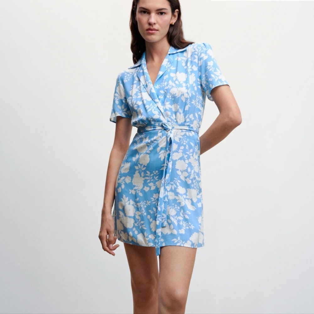 NWT Mango Blue and White Floral Belted Faux Wrap Dress sz 6/8